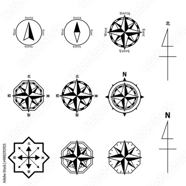 Obraz 地図の方位マーク コンパスローズ, ウインドローズ 背景なし 透過 日本語での方位入り, ベクターイラスト セット
