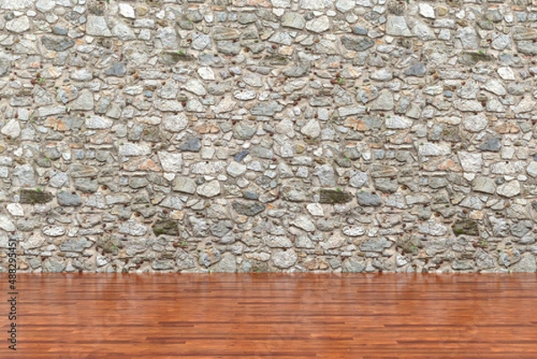 Obraz Modern empty interior with stone wall and wooden floor. 3d Illustration
