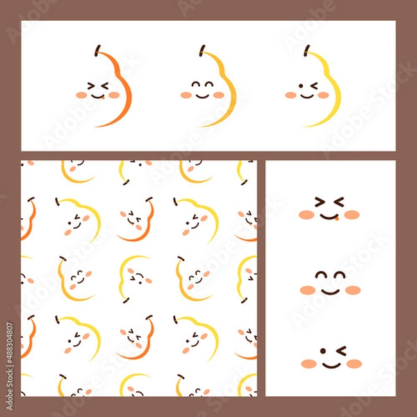 Fototapeta Set with vector cute emoji pears in kawaii style and seamless pattern