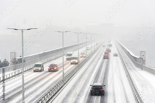Fototapeta Nusle bridge ("Nuselsky most") in Prague in a blizzard