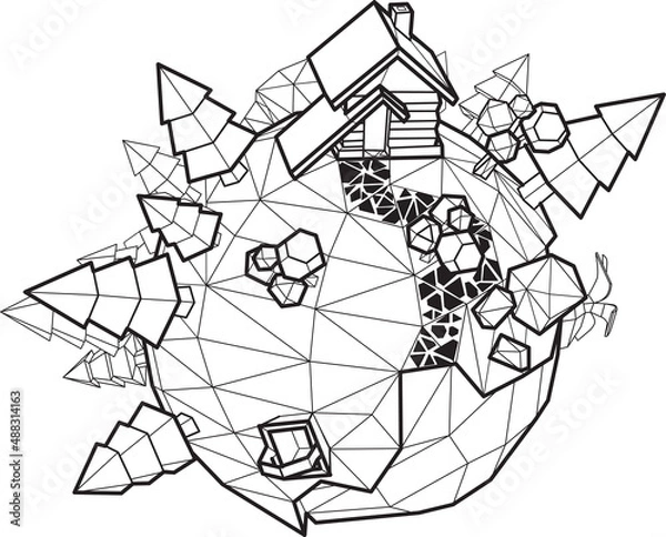 Fototapeta low poly cartoon planet earth with fir trees, house, trees, lake, well, whale. Vector black and white illustration isolated on white background.