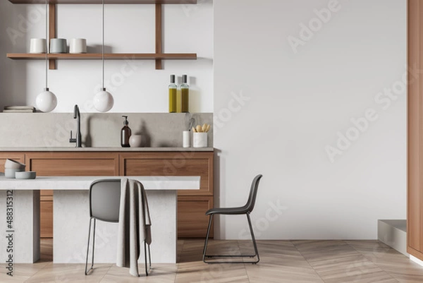 Obraz Bright kitchen room interior with empty white wall, dining table