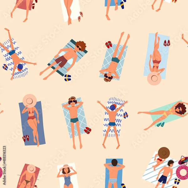 Fototapeta Seamless pattern with people on the sand relaxing and sunbathing. Vector isolated illustration in a flat style