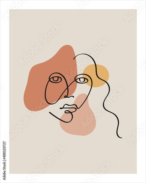 Fototapeta Abstract Woman face one line drawing, creative freehand composition in contemporary abstract style with geometric elements. Portrait minimalistic style. Continuous line. Vector illustration