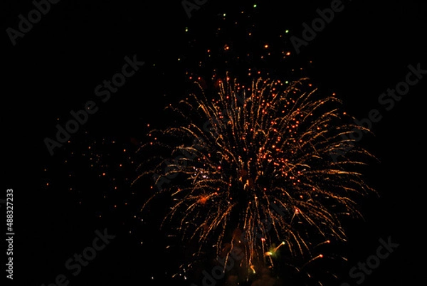 Fototapeta Colorful salute, great explodes in different colors in the night sky, beautifully dissolving in the air.