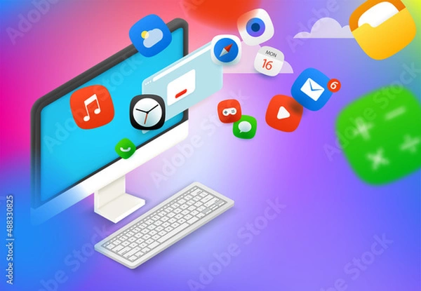 Fototapeta Using different internet applications via modern pc. Vector concept