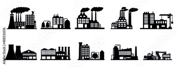 Fototapeta Set of industrial buildings on a white background. Black silhouettes of plants and factories. Vector illustration in flat style.