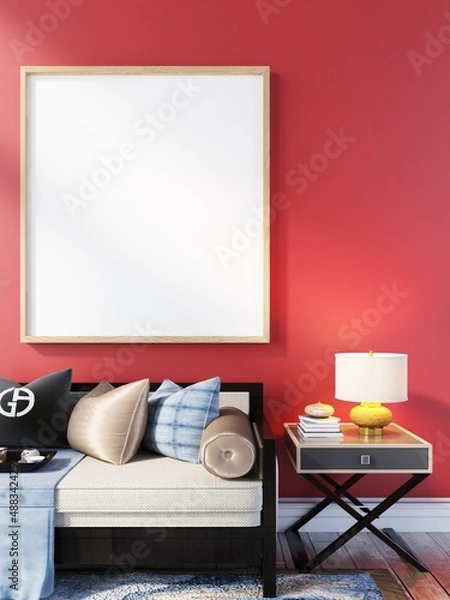 Fototapeta chinese asian style interior design poster frame in living room with sofa and table , floor lamp, plant tree,3d template, mockup, illustration