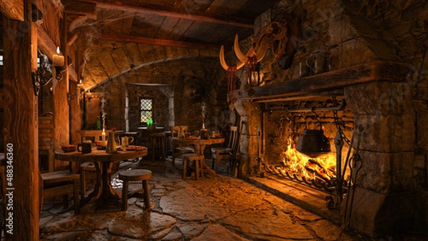 Fototapeta Stoły przy kominku z jedzeniem i napojami w średniowiecznej tawernie fantasy. Renderowanie 3D.