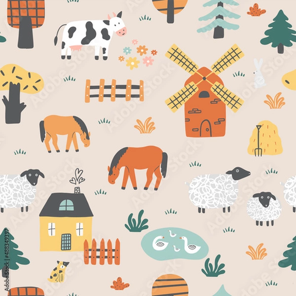 Fototapeta Childish seamless pattern with houses, animals and trees.
