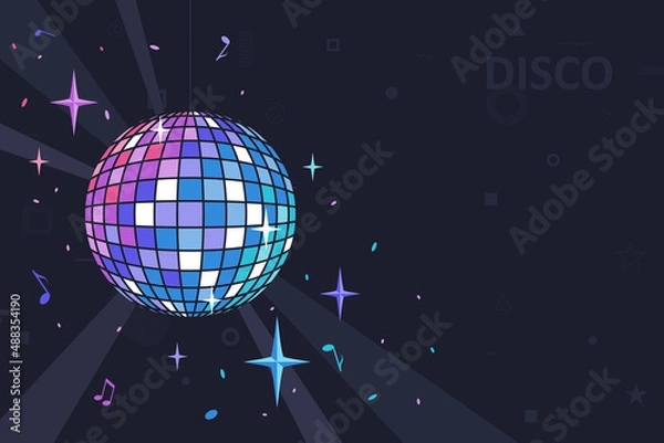 Fototapeta Mirror ball for disco, dance club, party. Dark night background with a rotating disco ball and with glare of light, music background. Vector illustration - eps10.