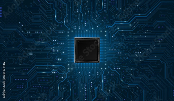 Obraz CPU Chip on Motherboard. Central Computer Processors CPU concept. Quantum computer large data processing database concept. Futuristic microchip processor. Digital chip.