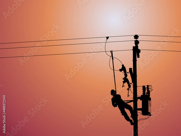 Fototapeta Power outage concept : Lineman is releasing the electricity of the transformer from the high voltage distribution system. To check the cause of the power failure.