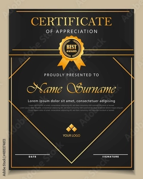 Fototapeta royal dark black certificate template with gold lines and emblem by vector design