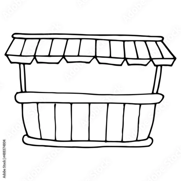 Fototapeta drawing of the commodity market. outdoor kiosk wooden counter with fabric awning on top with stripes, black insulated contour on white for design template