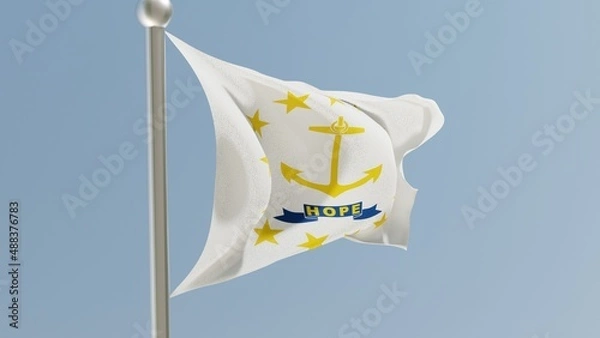Fototapeta Rhode Island flag on flagpole. RI flag fluttering in the wind. USA.