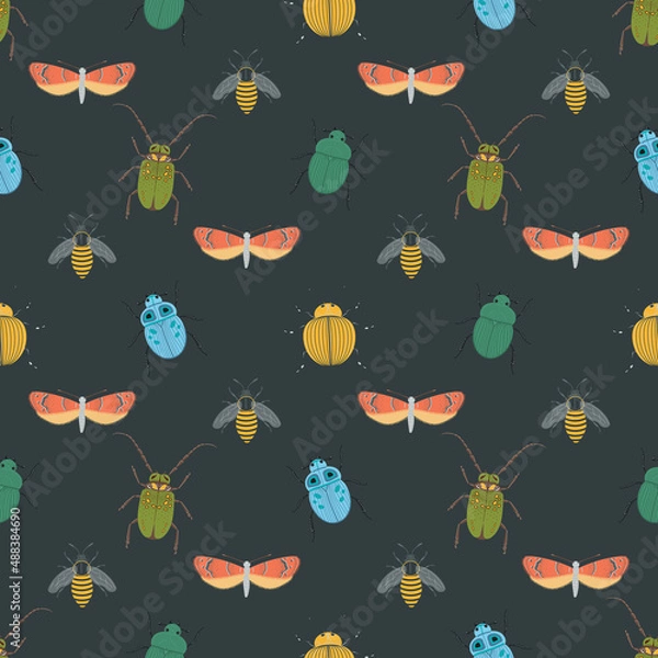 Obraz Seamless pattern with insects, beetles, bees and moths.