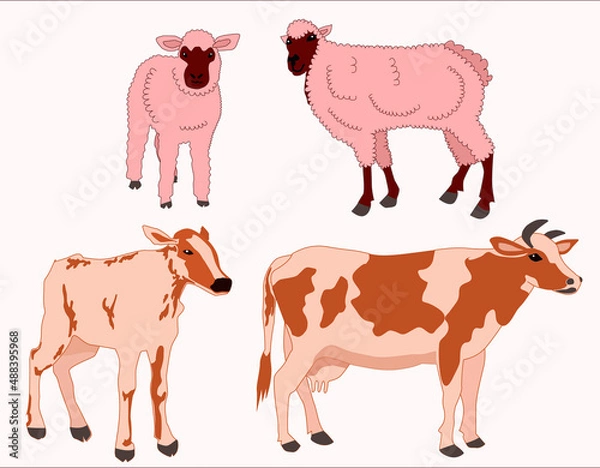 Fototapeta beautiful pattern with pets cows and sheep on a light green background for the decoration of fabrics and paper