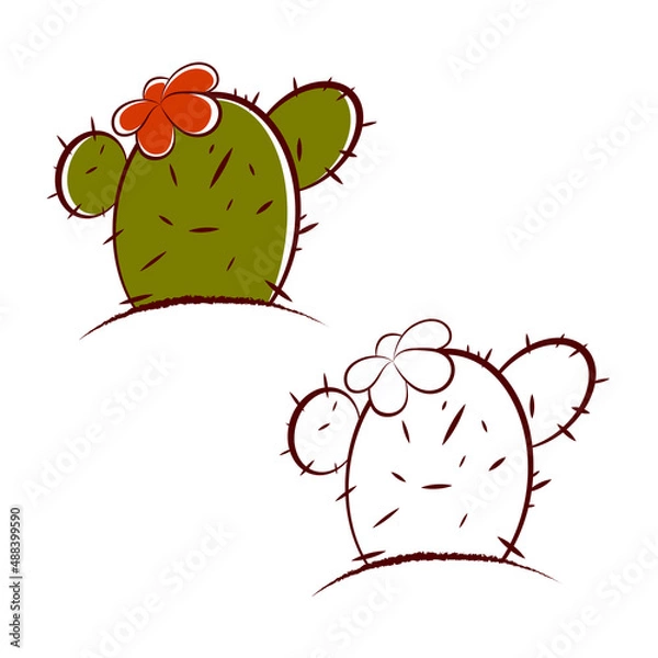 Fototapeta Vector cactus icons with flower along with sketch