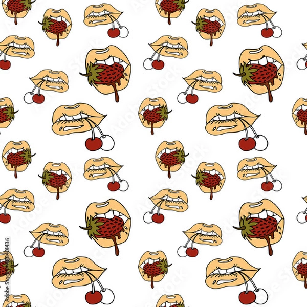 Fototapeta Juicy and seductive lips hold a cherry and a strawberry in their teeth. Patterns on an isolated background for printing packaging paper or fabric, stationery, book products, interior posters or wallpa