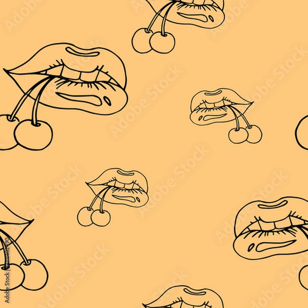 Fototapeta Juicy and seductive lips hold a cherry in their teeth. Patterns on an isolated background for printing packaging paper or fabric, stationery, book products, interior posters or wallpapers.