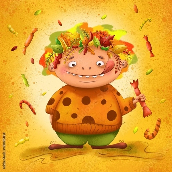 Fototapeta Character design autumn forest dweller with candy