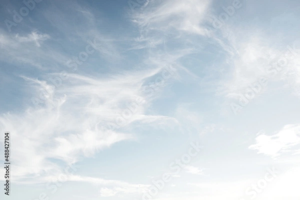 Obraz Clear blue sky after the storm. Soft sunlight. Panoramic image, texture, background, graphic resources, design, copy space. Meteorology, heaven, hope, peace concept