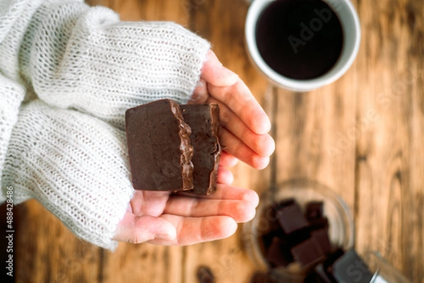 Obraz Dark chocolate, handmade sweet coffee soap, aromatic cinnamon and sweets. whole bean coffee