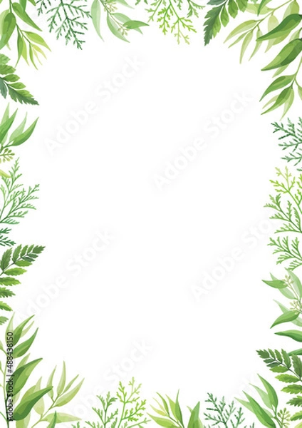 Fototapeta Green leaves frame template. Floral border with place for text. Forest herbs design. Vector illustration.