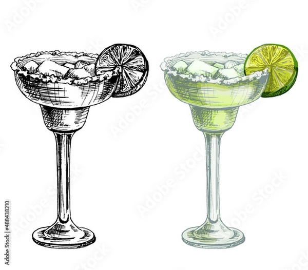 Obraz Margarita cocktail with slice lime, ice cube and salt. Vintage hatching
