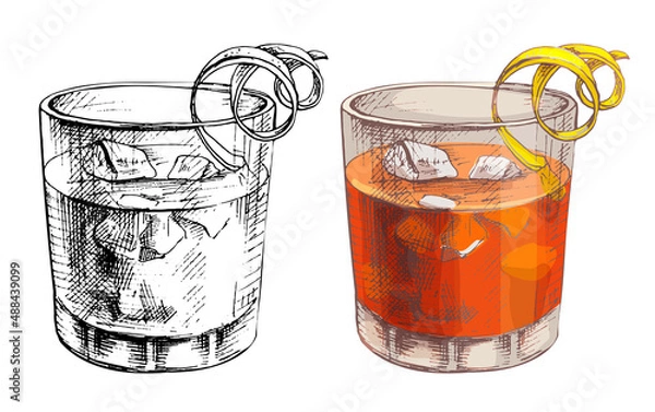 Fototapeta Negroni cocktail with ice cube and twist slice lemon. Vector vintage hatching