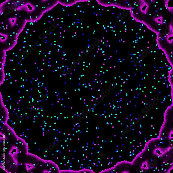 Fototapeta Frame for postcard design. Multi-colored small confetti on a black background.