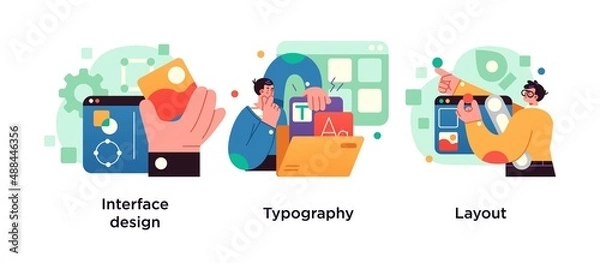 Obraz Interface design, typography and layout concept with tiny people. UI design abstract vector illustration set.