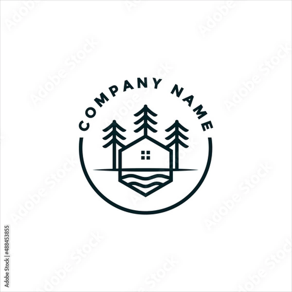 Fototapeta Line art lake house logo design for your company or business