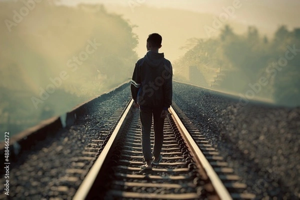 Obraz Silhouette of a lone person walking along a railway track at sunrise, creating a peaceful, contemplative mood with soft light and a scenic natural background