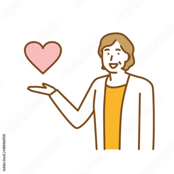 Obraz 片手を挙げてハートマークを掲げて安心を表現する年配の女性