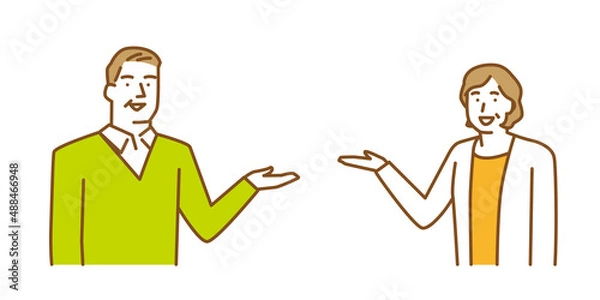 Obraz 片手を挙げて何かを案内する年配の男性と女性