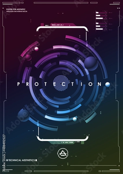 Fototapeta Cyber security. Online information protect, internet digital technology background. Fingerprint scanning on futuristic neon background.