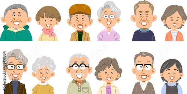 Obraz 6種類のシニア夫婦の表情と上半身　笑顔
