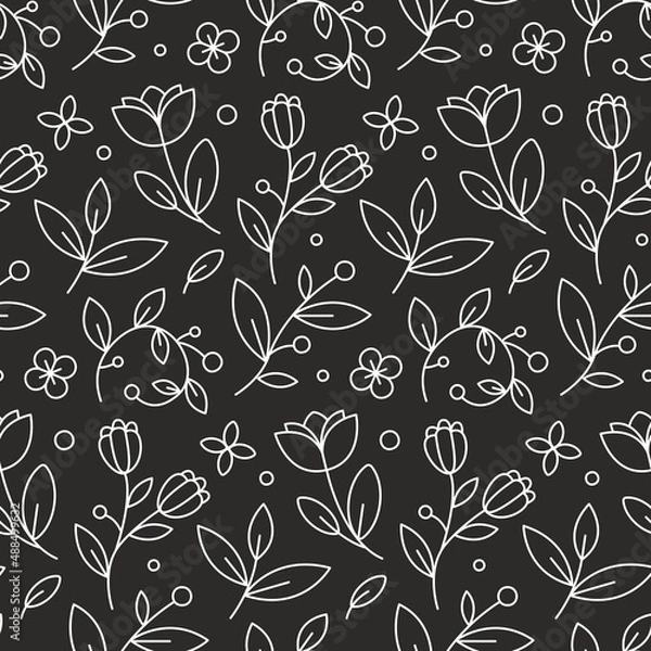 Fototapeta Floral cute vector beautiful line art seamless pattern with flowers, tulips, leaves, berries, branches. 8 march and valentine day pattern
