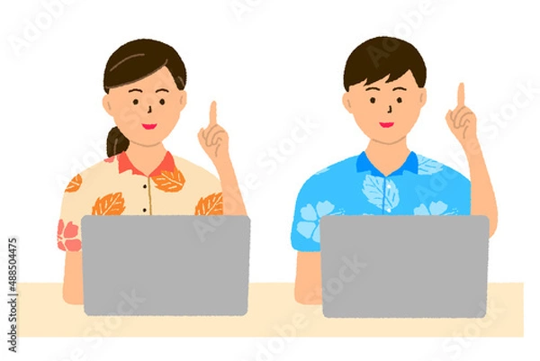 Obraz 事務仕事をする沖縄の若い男女