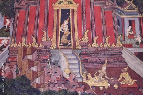 Fototapeta The murals behind the main Buddha image are the three worlds: heaven, humans, and hell. There are points of interest in the chapel of Wat Saket.