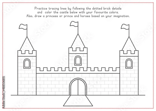 Fototapeta Children Learning Worksheet - Tracing Lines and Coloring Castle