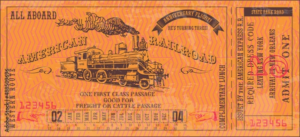 Fototapeta vector image of old vintage american western rail train ticket