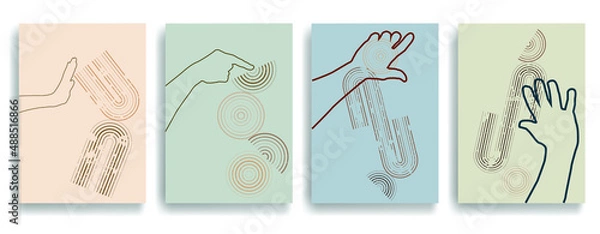 Fototapeta Modern poster with minimalist design elements and hands in Boho style  . Wall art , home deco . Vector abstract shape.