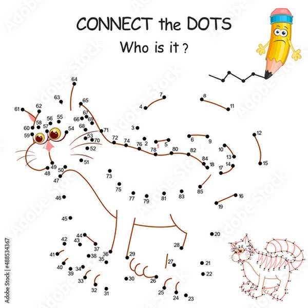 Fototapeta Connect the dots by numbers to draw the cartoon Cat. Dot to dot. Education Game and Coloring Page with funny Kitten. Logic Game for Kids. Education card for kid learning counting number.