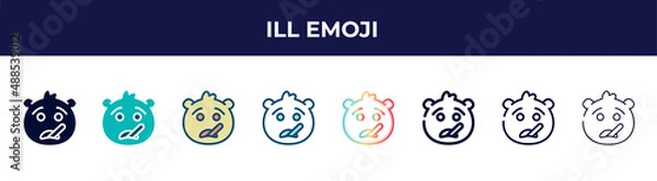 Fototapeta ill emoji icon in 8 styles. line, filled, glyph, thin outline, colorful, stroke and gradient styles, ill emoji vector sign. symbol, logo illustration. different style icons set.