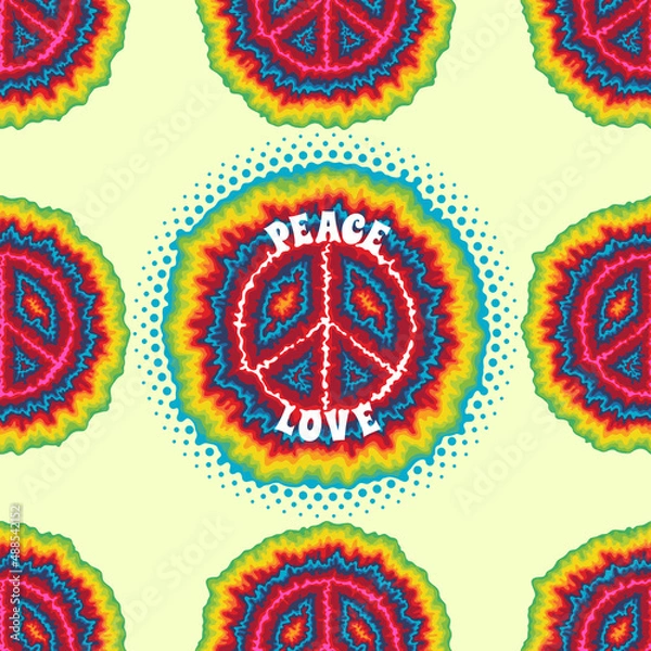 Fototapeta A pacifist sign. A symbol of peace in the hippie style. With the inscription "Peace, love". Seamless background