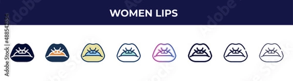 Fototapeta women lips icon in 8 styles. line, filled, glyph, thin outline, colorful, stroke and gradient styles, women lips vector sign. symbol, logo illustration. different style icons set.