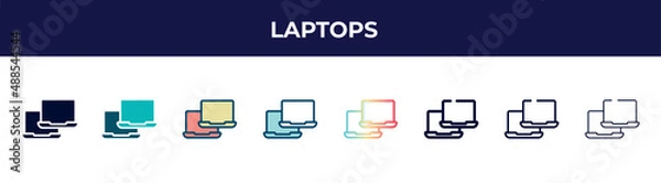 Fototapeta laptops icon in 8 styles. line, filled, glyph, thin outline, colorful, stroke and gradient styles, laptops vector sign. symbol, logo illustration. different style icons set.